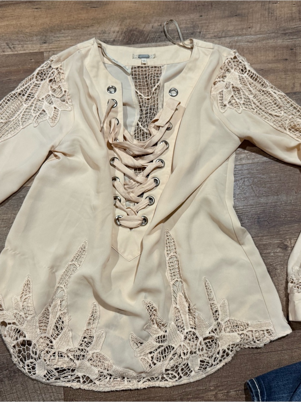 gimmicks by BKE Cream Lace-Up Blouse with Crochet Accents